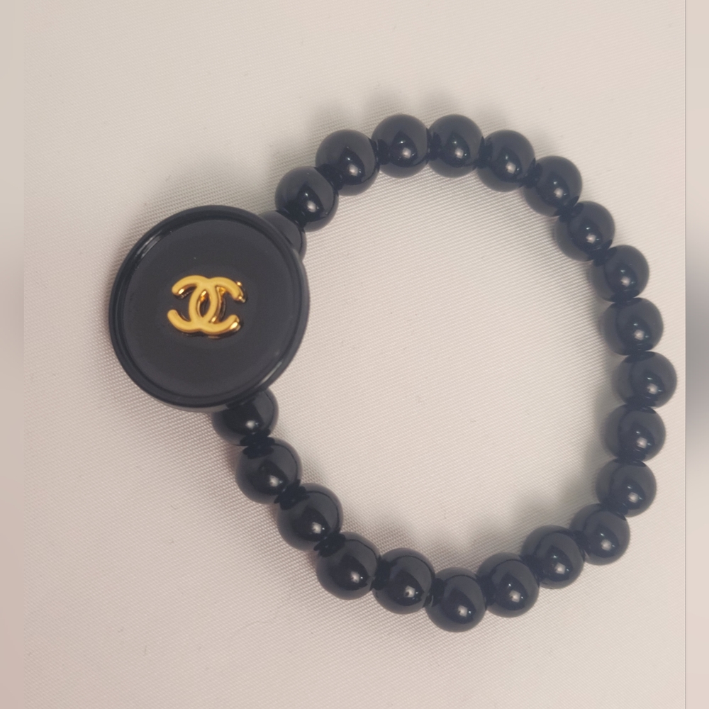 Chanel Black CC Gold Logo Button Stretch Bracelet